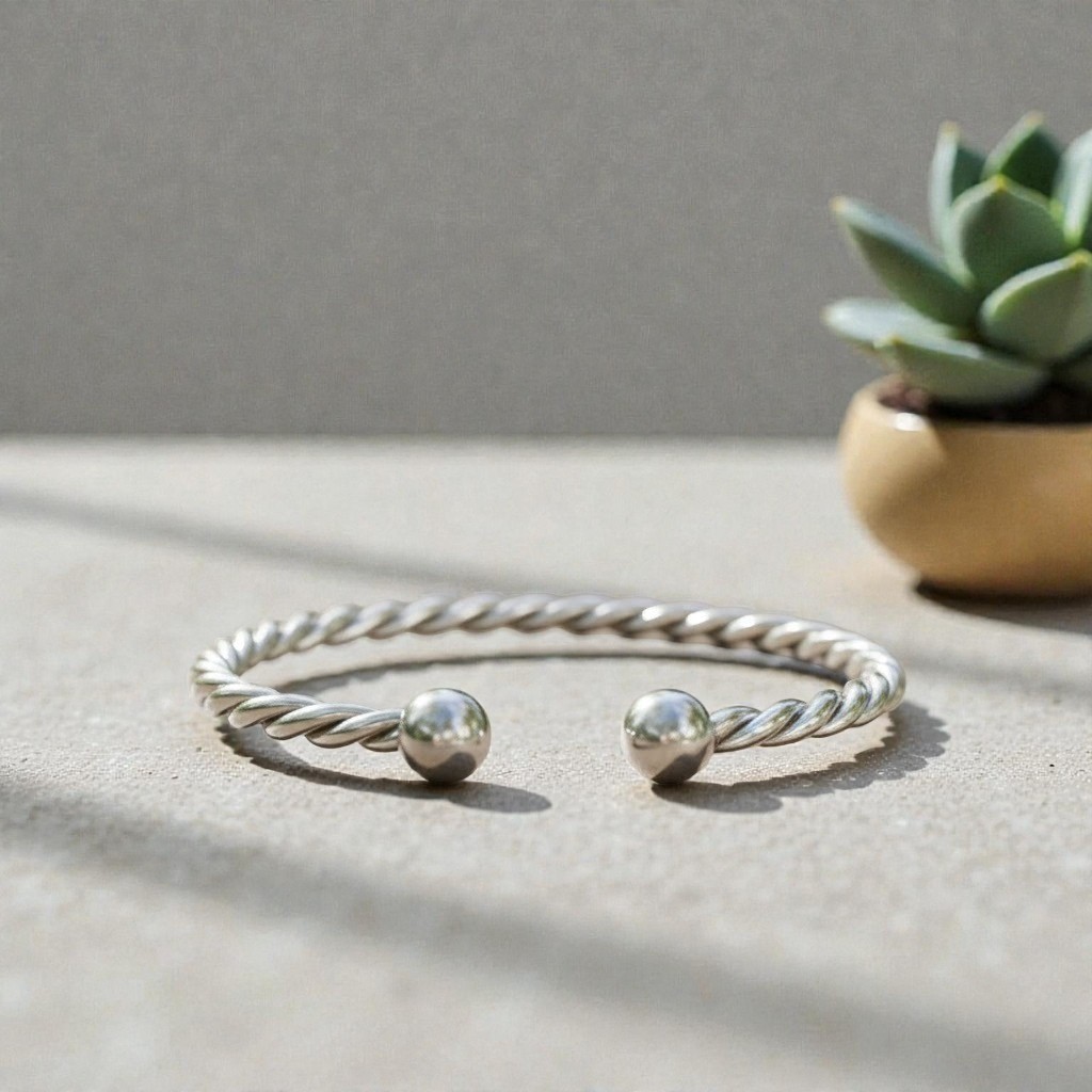 925 Sterling Silver Twisted Rope Ball Cuff Bracelet – Adjustable Engraved Bangle