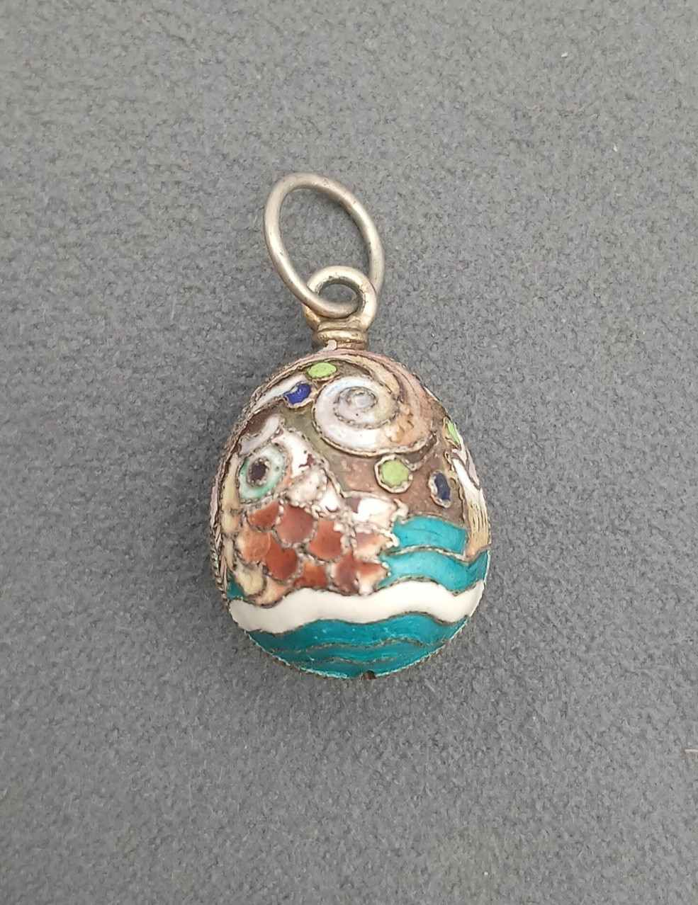 Vintage Cloisonne Chinese Enamel Koi Fish Sterling Silver Egg Charm Pendant