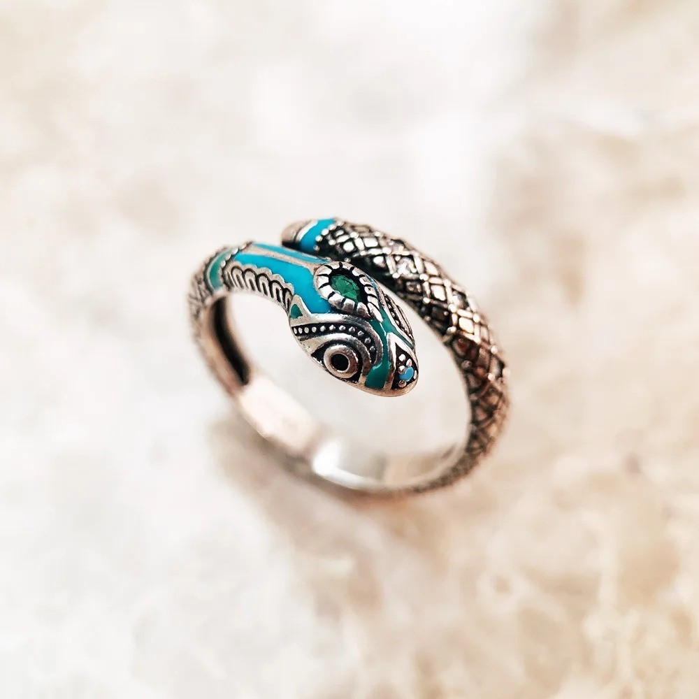 925 Sterling Silver Snake Ring Blue Green Enamel Adjustable