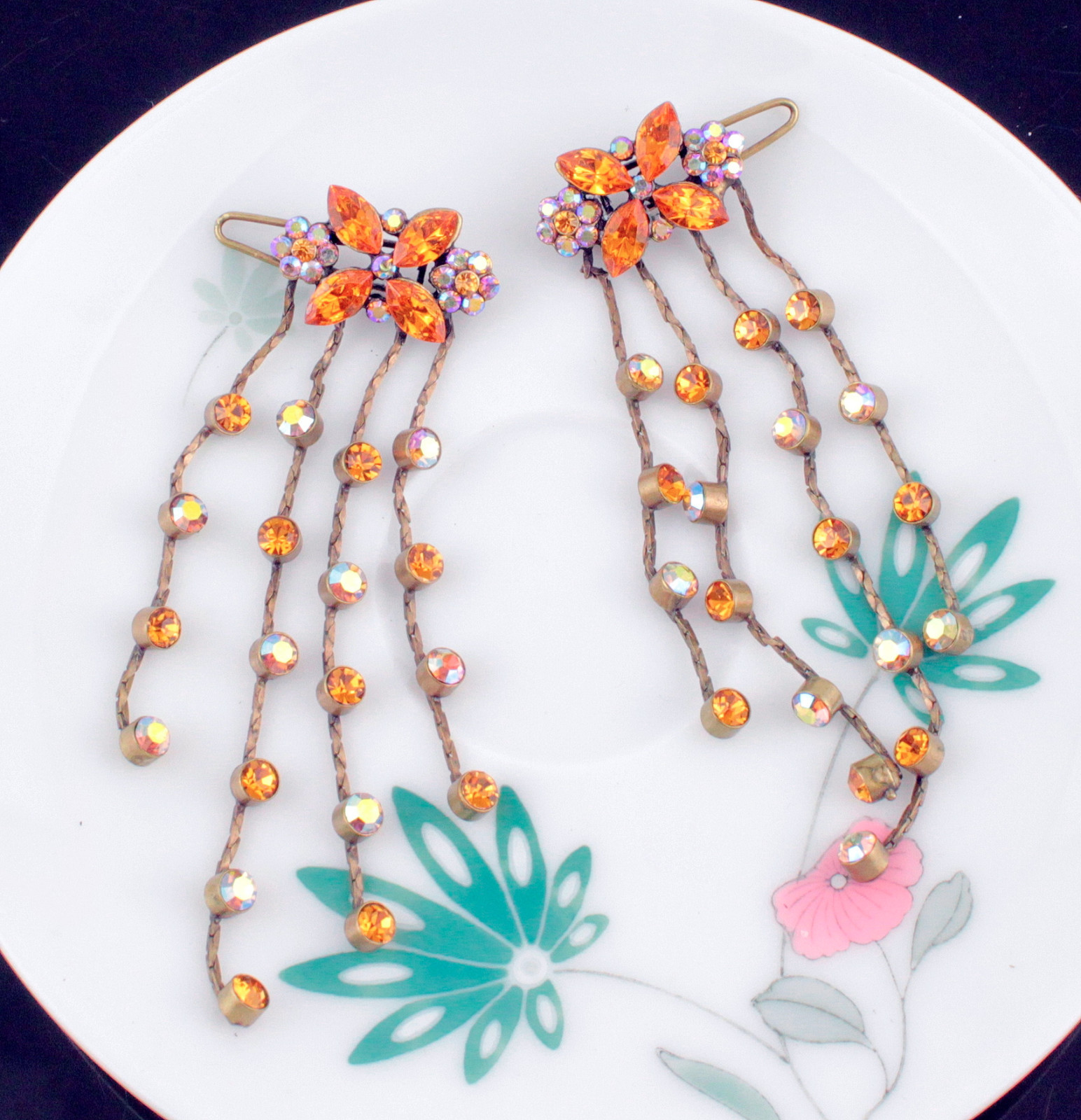 2pcs Dangle Topaz Austrian Crystal Rhinestone Hair Barrette Clips B173t