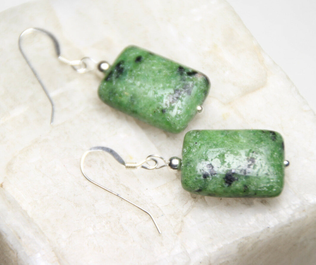 Ruby Zoisite Earrings Green 18mm Rectangle Gemstone .925 Sterling Silver 1.50″