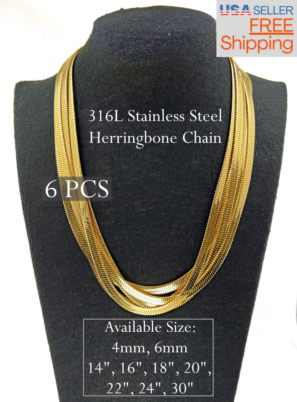 Wholesale Bulk 316L Stainless Steel Herringbone Chain 4mm, 6mm 14″-30″ Necklace