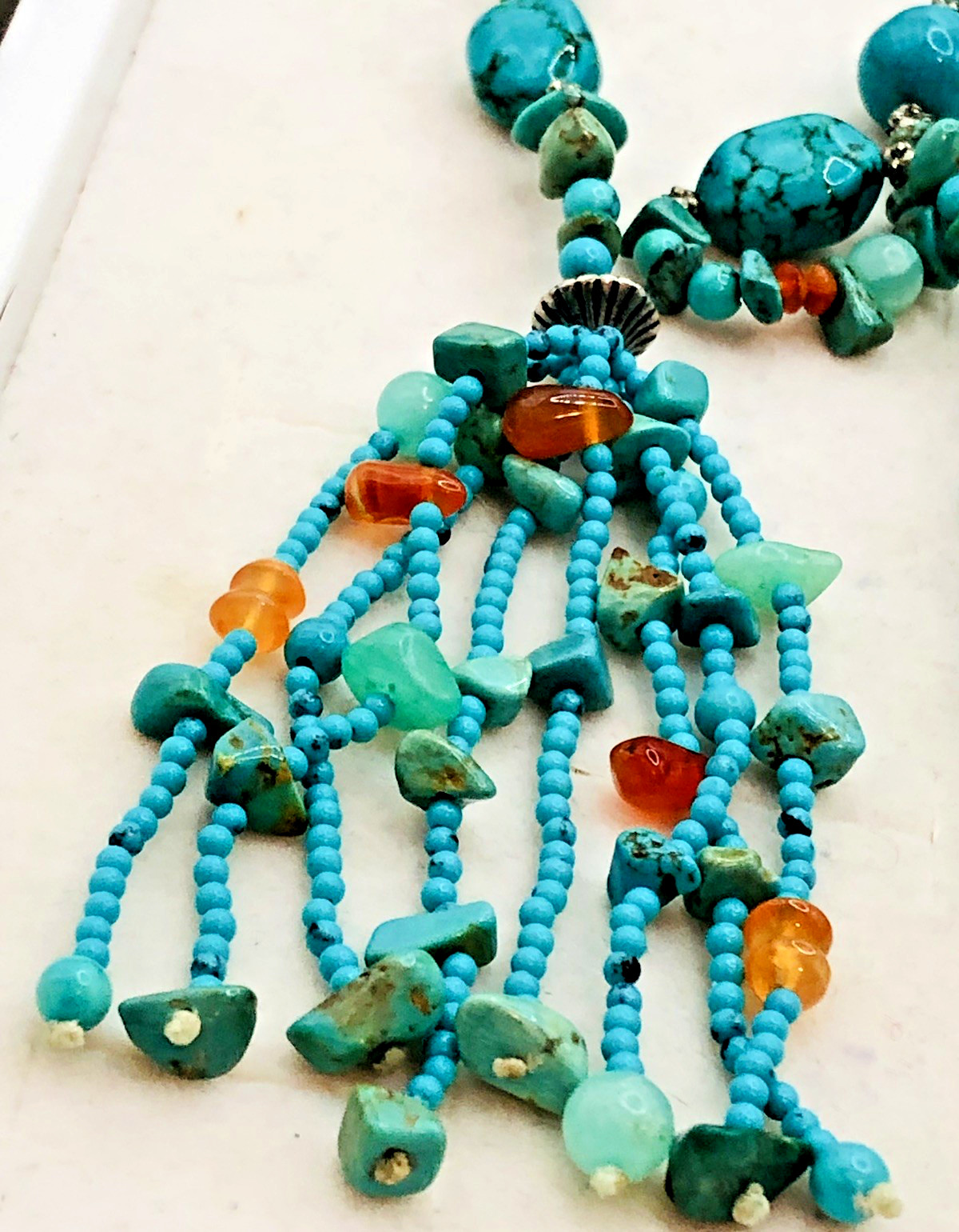 Vtg 58 Inch Beaded Tassel Lariat Necklace Sterling, Turquoise , Chrysoprase etc.