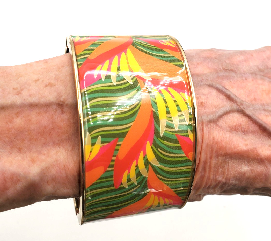 Tropical Bird of Paradise Wide Clamper Bracelet Orange Green Resort Style