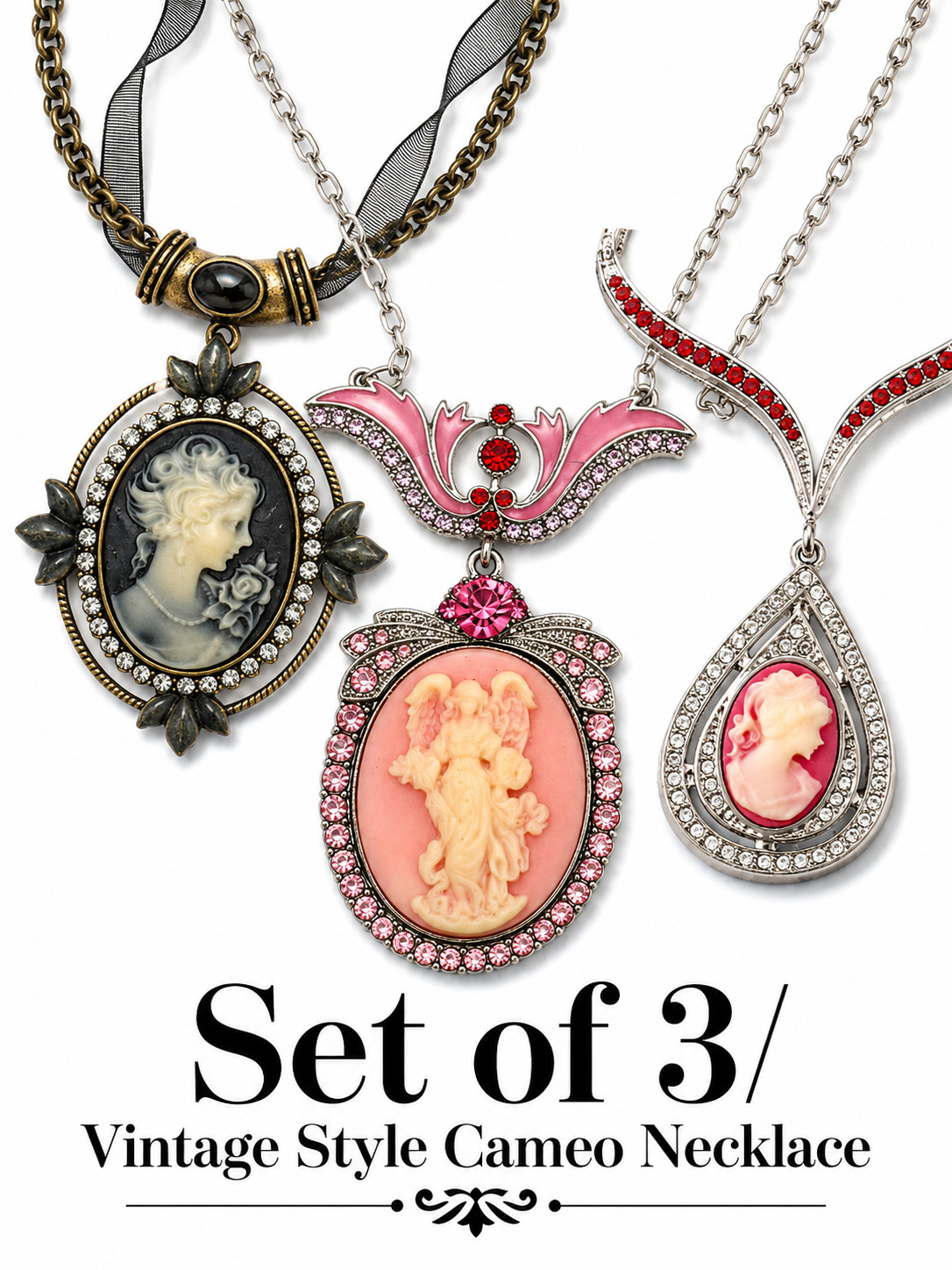 （Set of3）Black Pink Angel Lady Cameo Vintage Style Dangle Pendant Chain Necklace