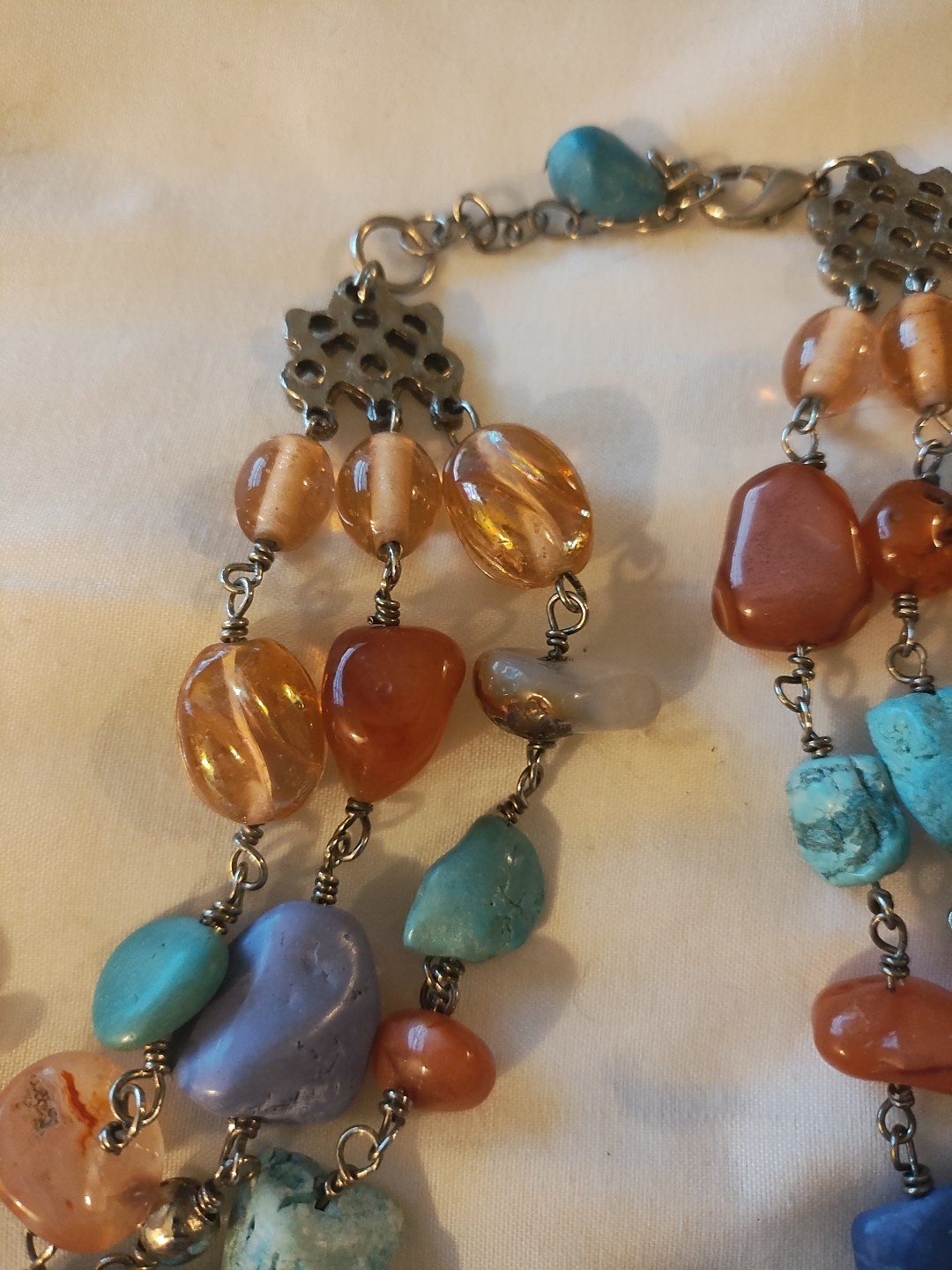 Artisan Amber & Turquoise 19″ 3 Strand Rock Necklace/ Earrings Southwest. Read