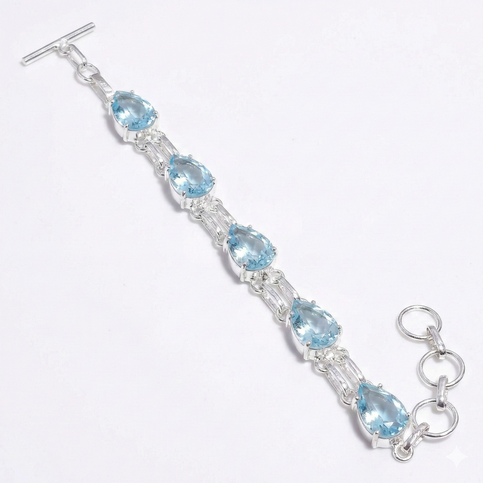 Blue Aquamarine Gemstone Handmade 925 Sterling Silver Jewelry Chain Bracelet