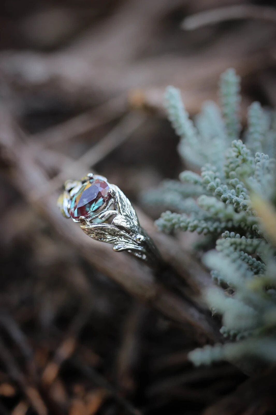 Alexandrite ring, engagement ring, 925 Sterling Silver, leaves Shape ring