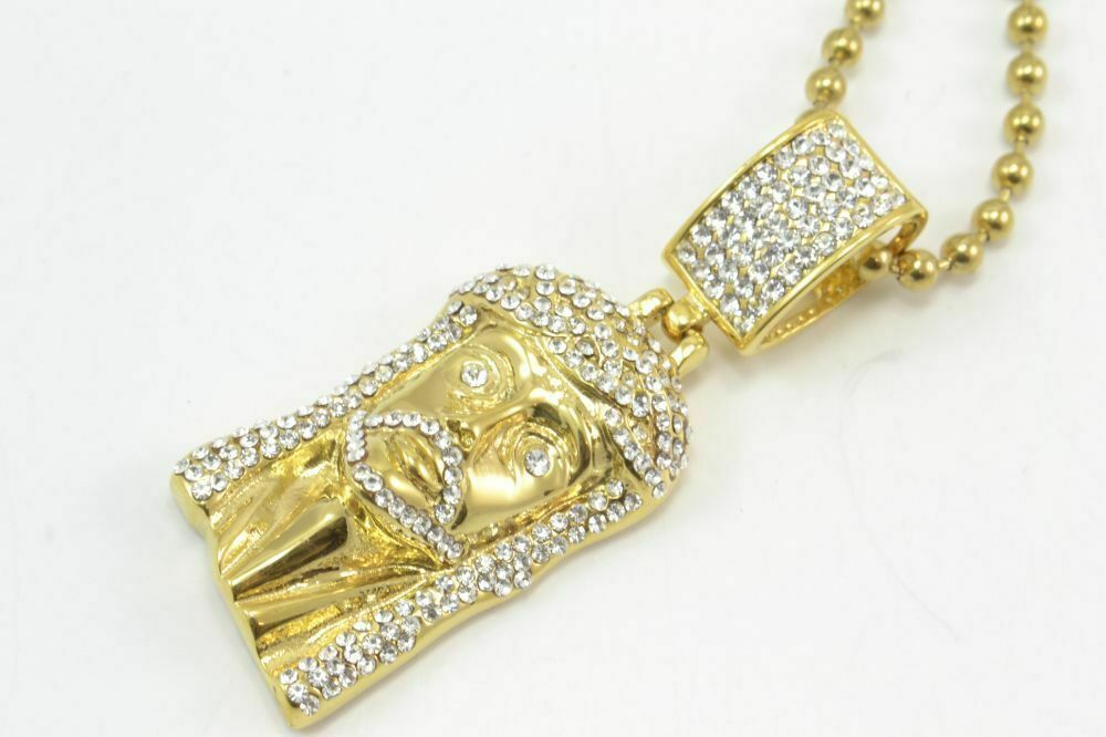 14k Gold Finish Mini Jesus Sterling Simulated Diamond Pendent Charm