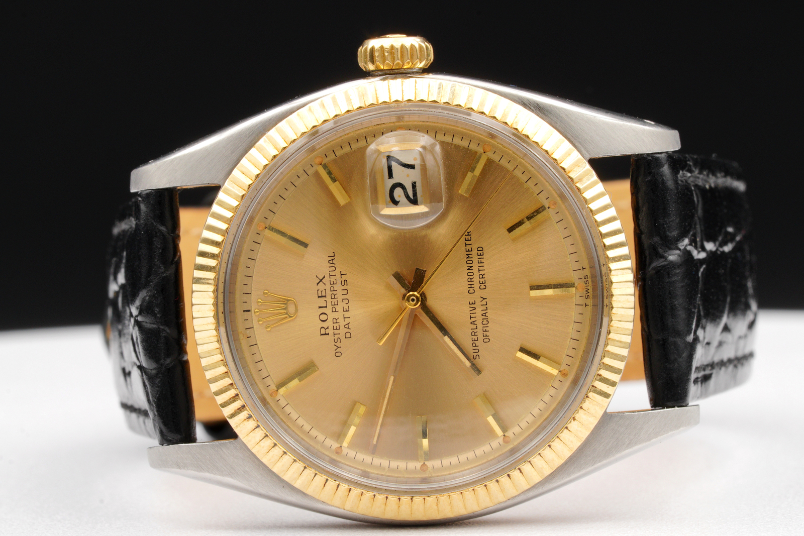 Vintage Mens Rolex Datejust 1601 Two-Tone Watch Gold Champagne Dial Black Strap