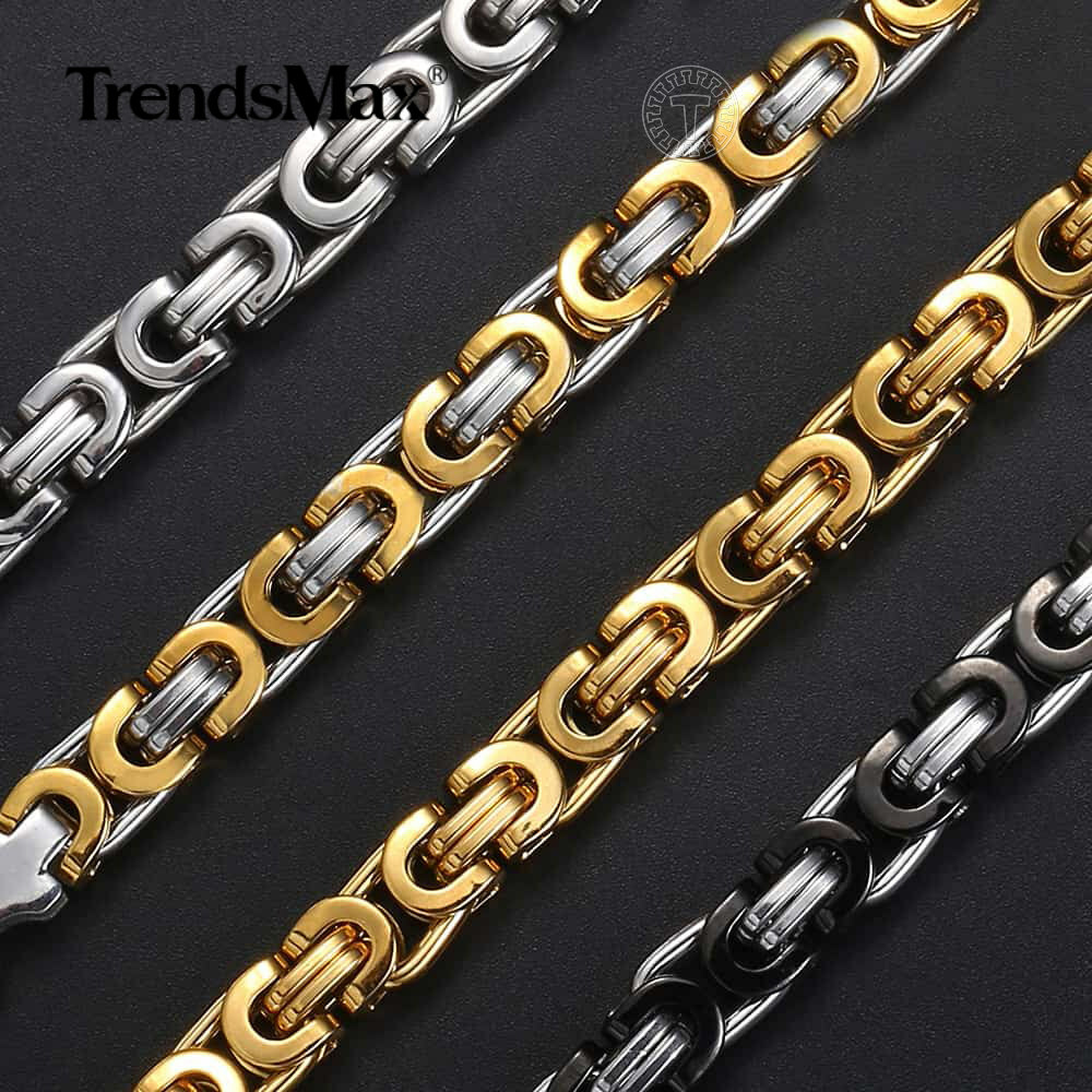 Heavy Black/Silver/Gold Plated Stainless Steel Flat Byzantine Chain Necklace