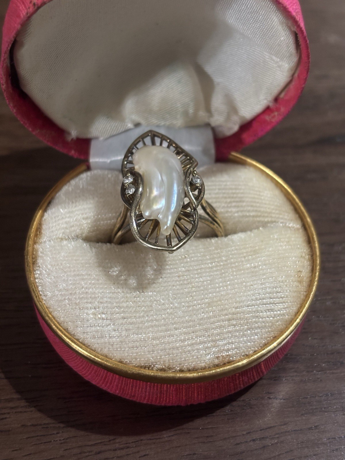Lang 14K Yellow Gold Fancy Pearl cocktail Ring with Diamond Accents Sz7 TW 6.60