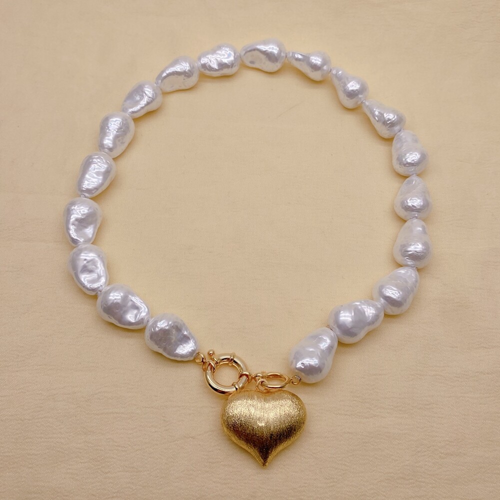 White Sea Shell Baroque Necklace Brushed Heart Pendant