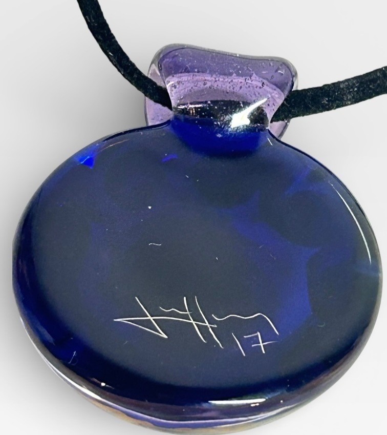 Gorgeous Hand Blown Fume Retticello Weave Glass Pendant Necklace Signed & Dated