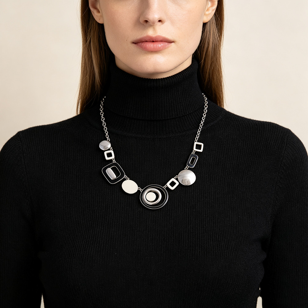 Short Bib Choker Hand Enamel Black White Geometric Alloy Rhodium Plated Necklace