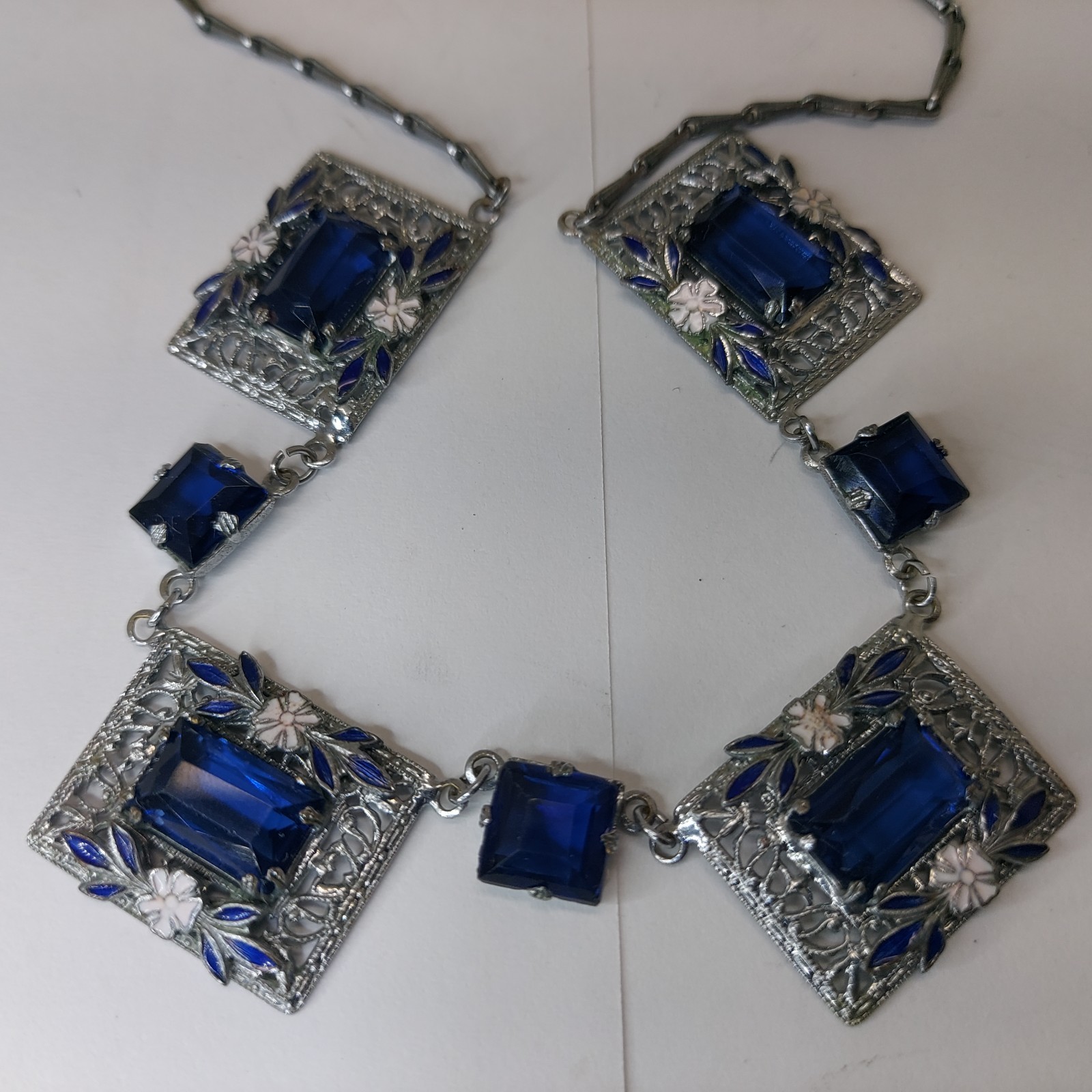 1920s Art Deco Czech Deep Blue Glass Enamel Flower Floral Filigree Necklace