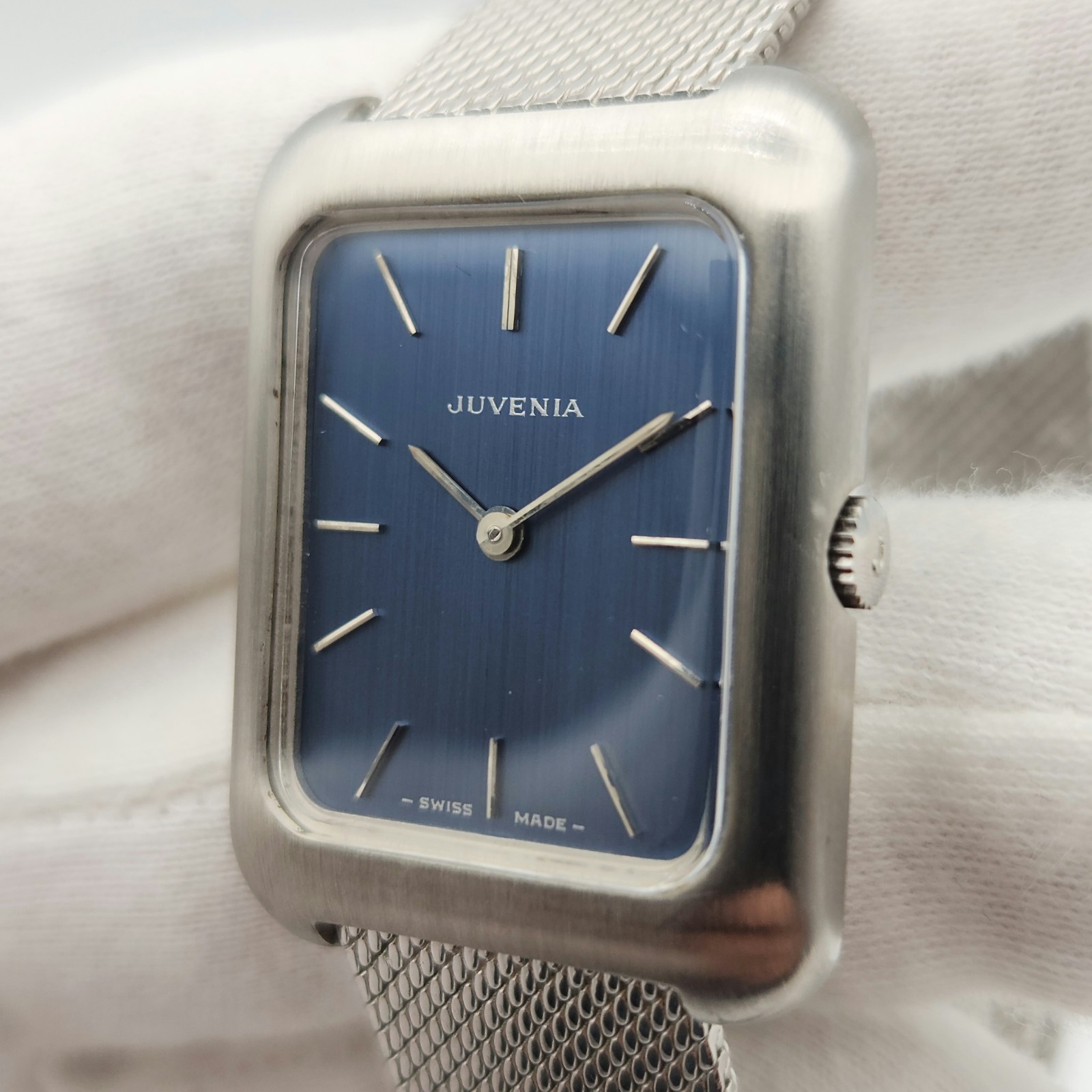 Juvenia “Tank” Style Men’s Vintage Silver Tone / Blue Dial Mechanical Watch