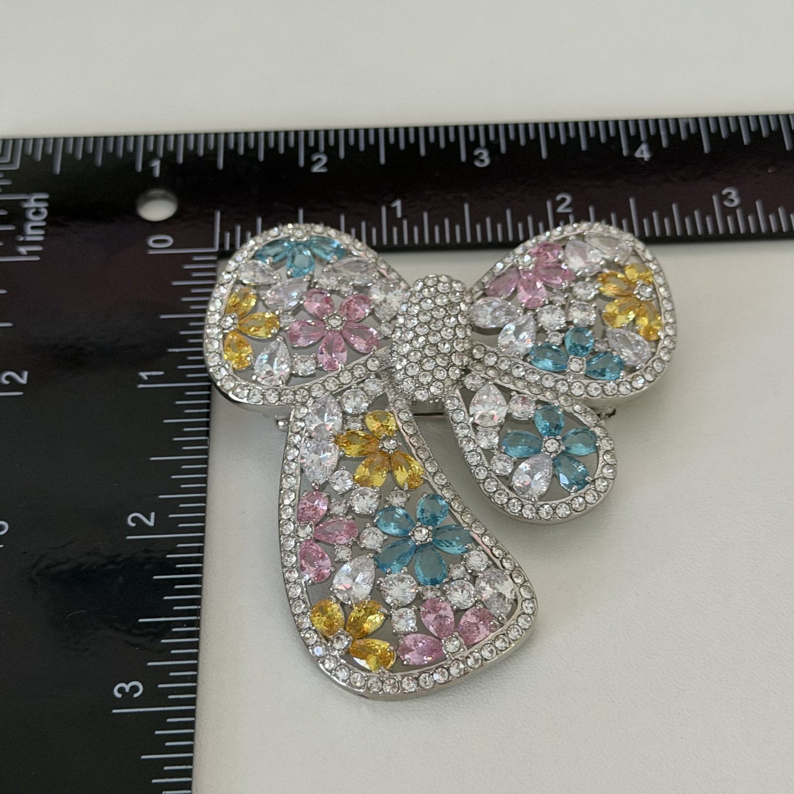 Joan Boyce Huge Multicolor Crystal Bow Ribbon Spring Flower Statement Brooch Pin
