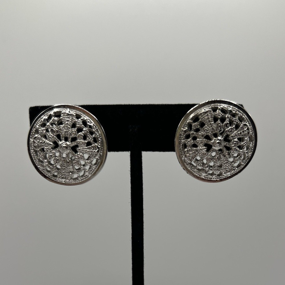 Monet Signed Silver Tone Round Filigree Stud Clip-On Earrings 1 in