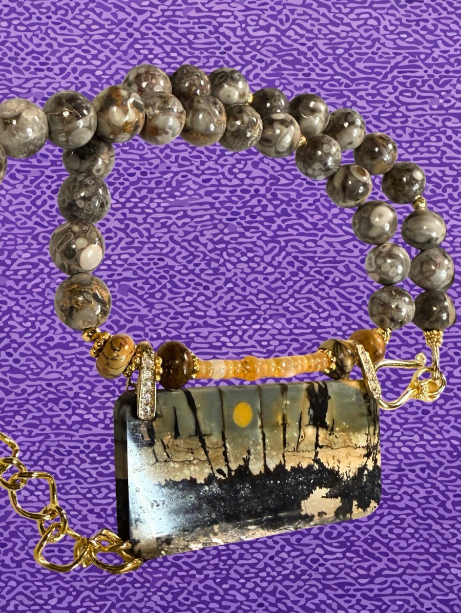 CHERRY CREEK JASPER PENDANT WITH CRINOID FOSSIL & ETHIOPIAN OPAL BEAD NECKLACE
