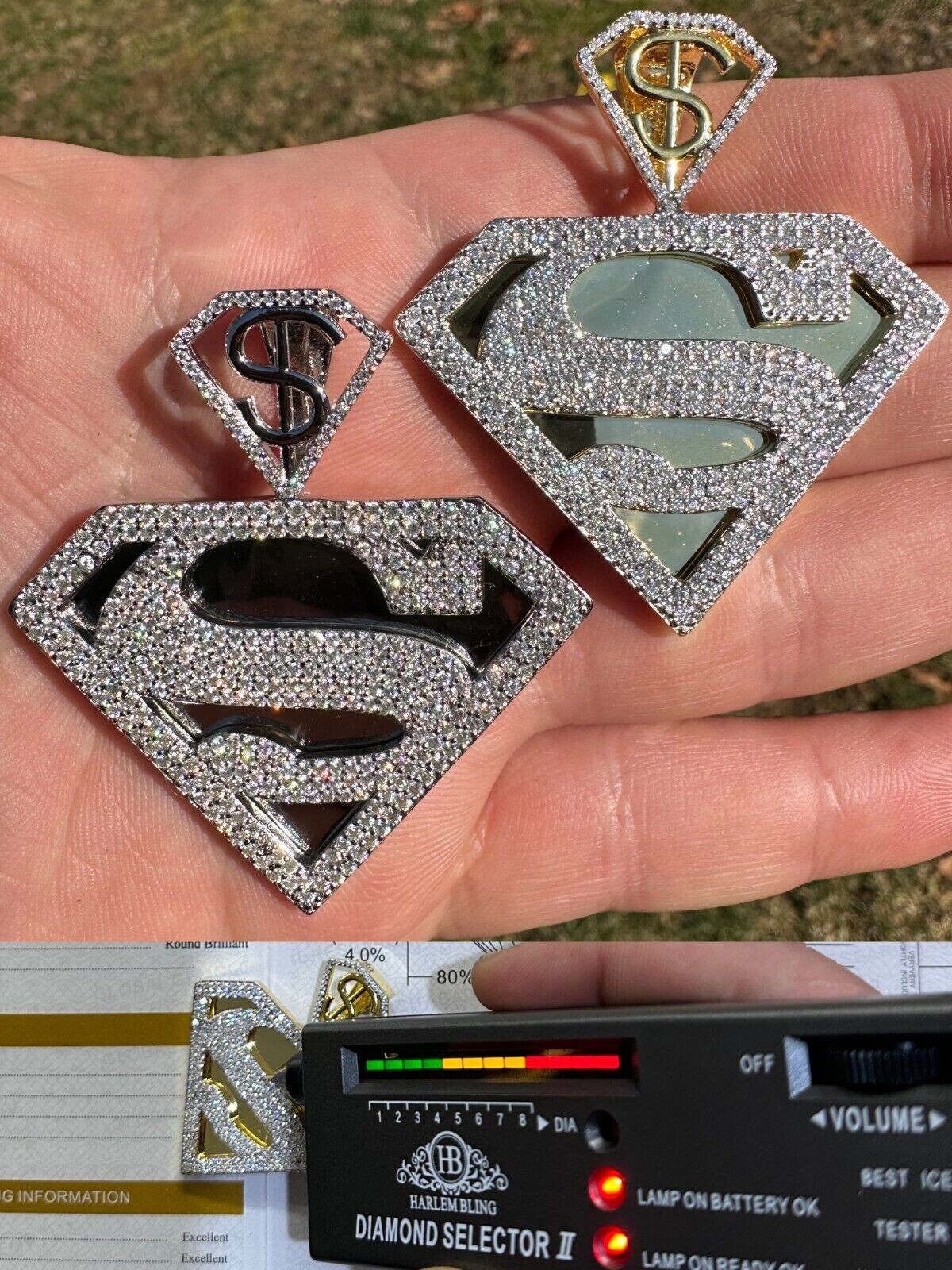 MOISSANITE Real 925 Silver/Gold Plated SUPERMAN Superhero Pendant Necklace