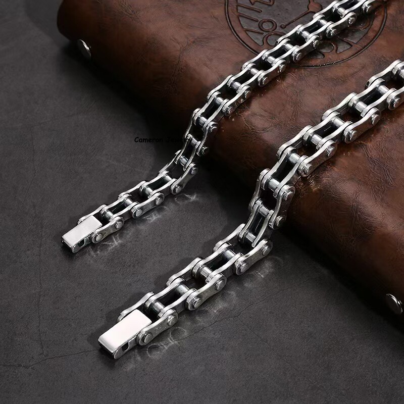 Solid S925 Sterling Silver Bracelet 10m13mm Punk Bike Link Chain 7.5-8.7in