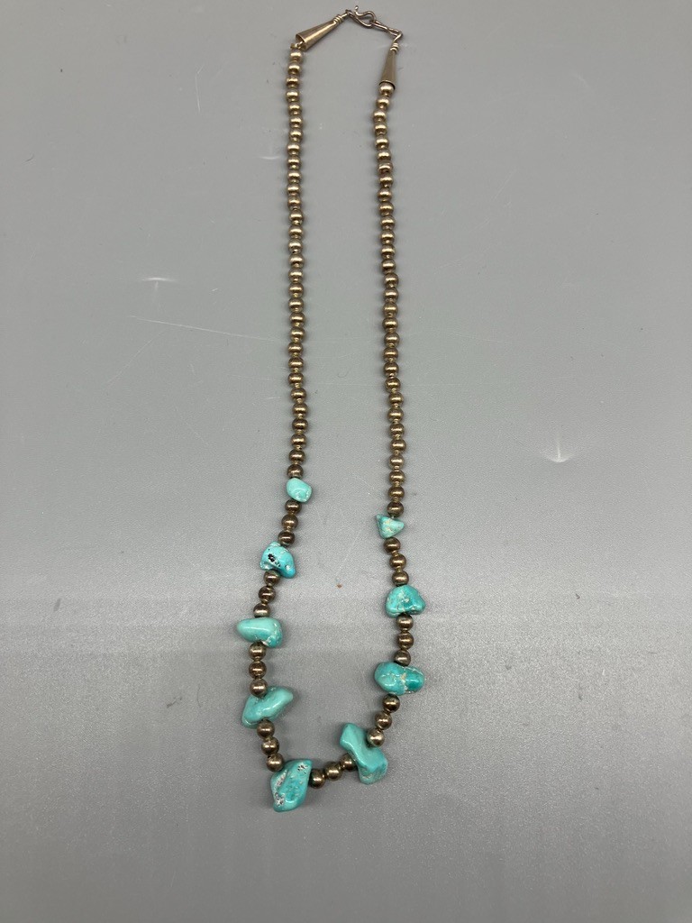 SILVER BEAD AND TURQUOISE NECKLACE 19 1/2 INCHES LONG