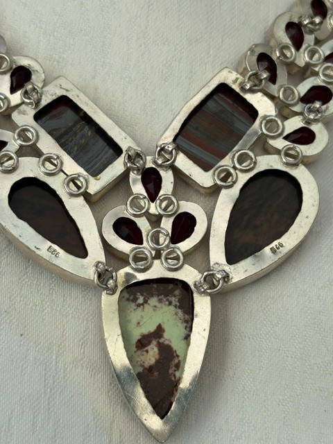 Artisan Silver Plated Multi‑Stone Teardrop Statement Necklace 13.5–17″