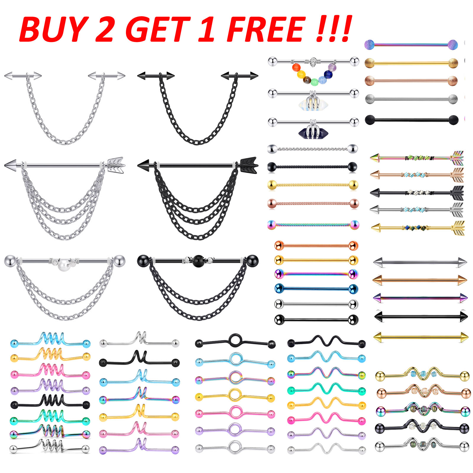 14G Stainless Steel Industrial Barbell Earring Cartilage Piercing Jewelry – ONE