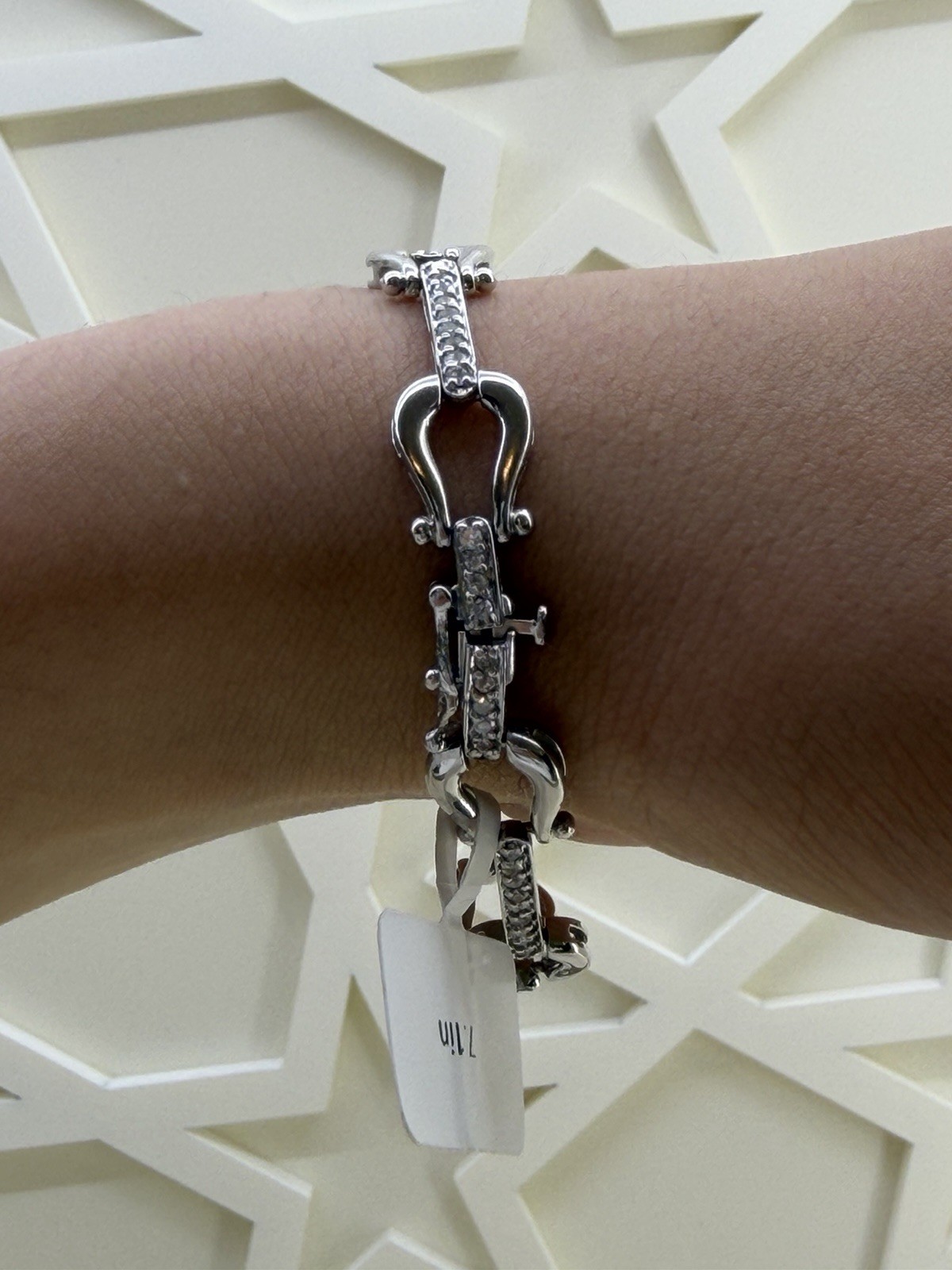 14K White Gold Link Chain Bracelet with Pavé Clear Crystals, Lobster Clasp 7 in