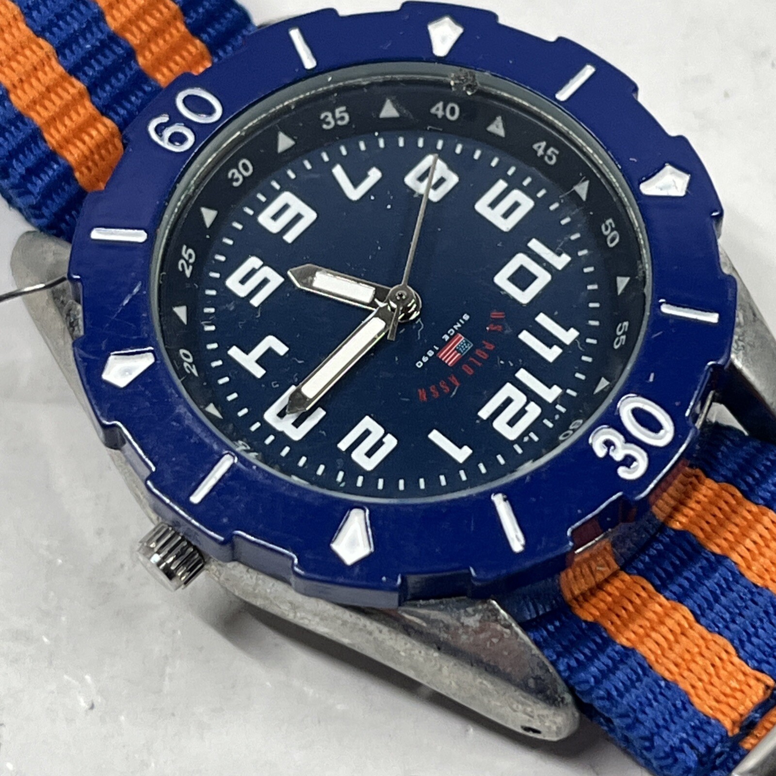 (BROKEN BADLY) U.S. Polo Assn. Sport Mens Sport Watch with Blue n Orange Band