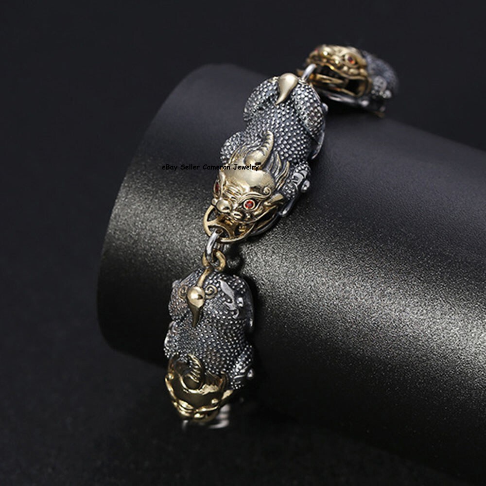 Solid 925 Sterling Silver Chain Men 15mm Two Tone Pixiu Link Bracelet 7.9+1.2″L