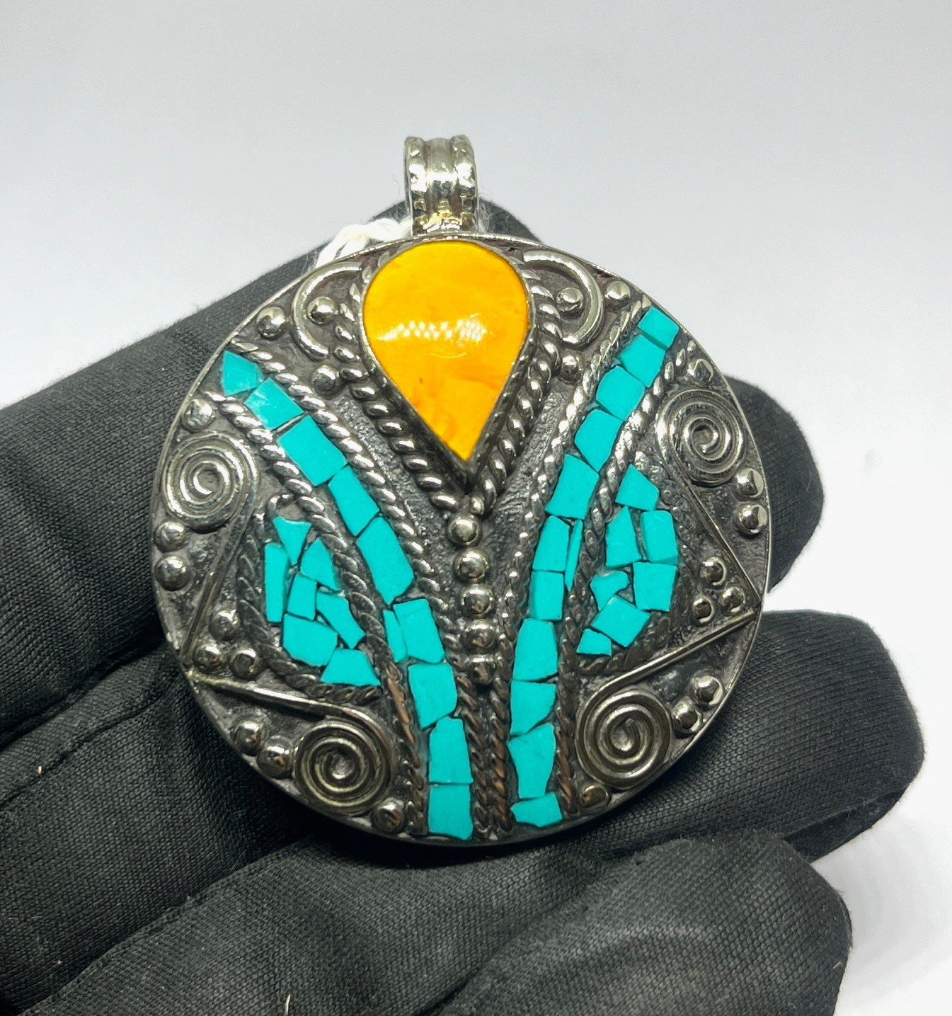 Amber Turquoise Gemstone Tibetan Style Traditional Pendant Jewelry, 2.0 inc