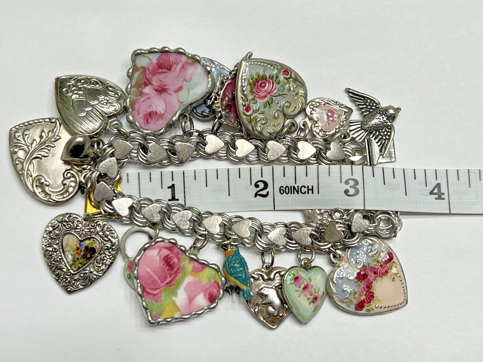 Vintage Puffy Hearts Charm Bracelet Sterling Silver Estate Pink Heart Charms US