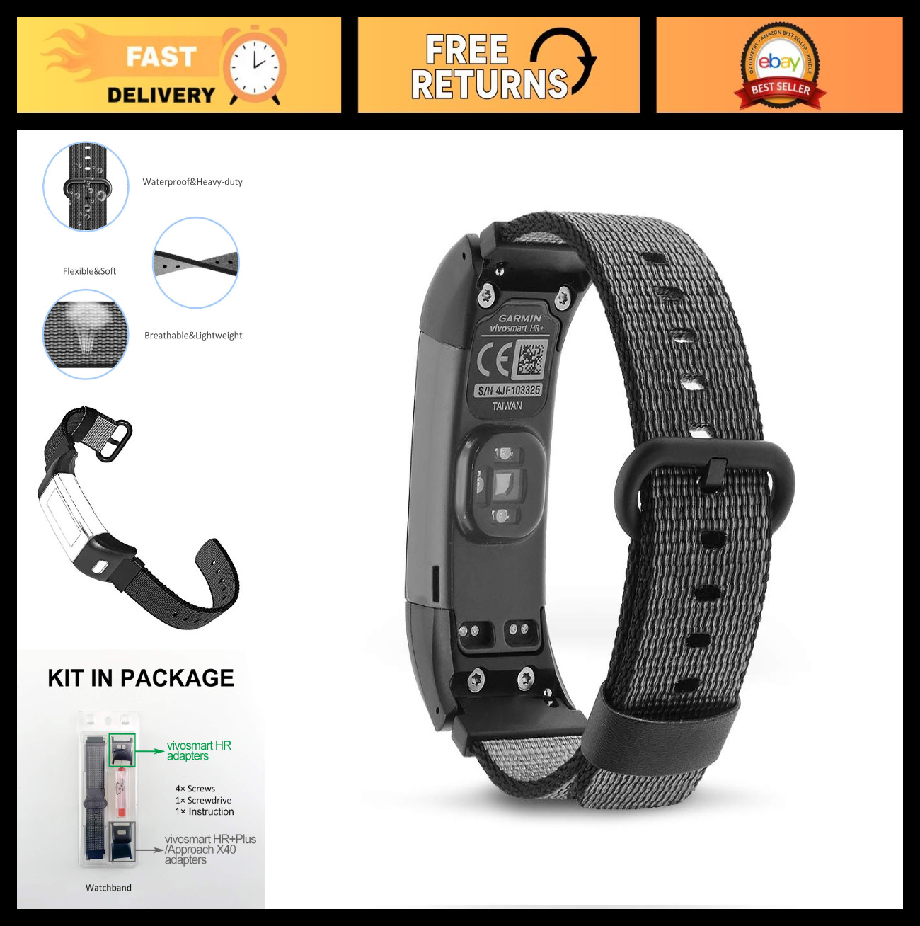 Nylon Weave Replacement Band for Vivosmart HR HR+ Plus, Approach X10 X40 – Smart