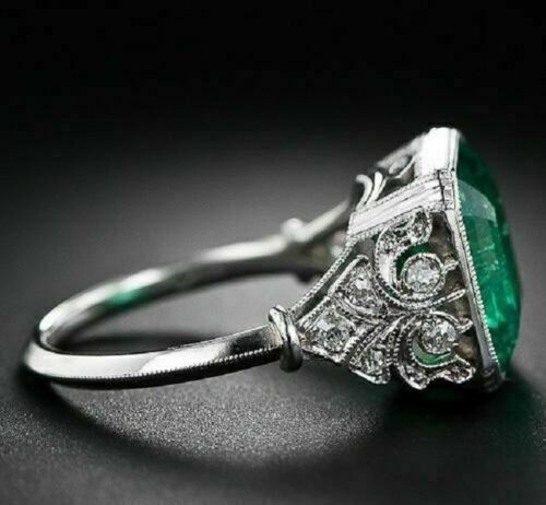 4.90 Ct Natural Emerald Art Deco Vintage Engagement Ring 925 Sterling Silver