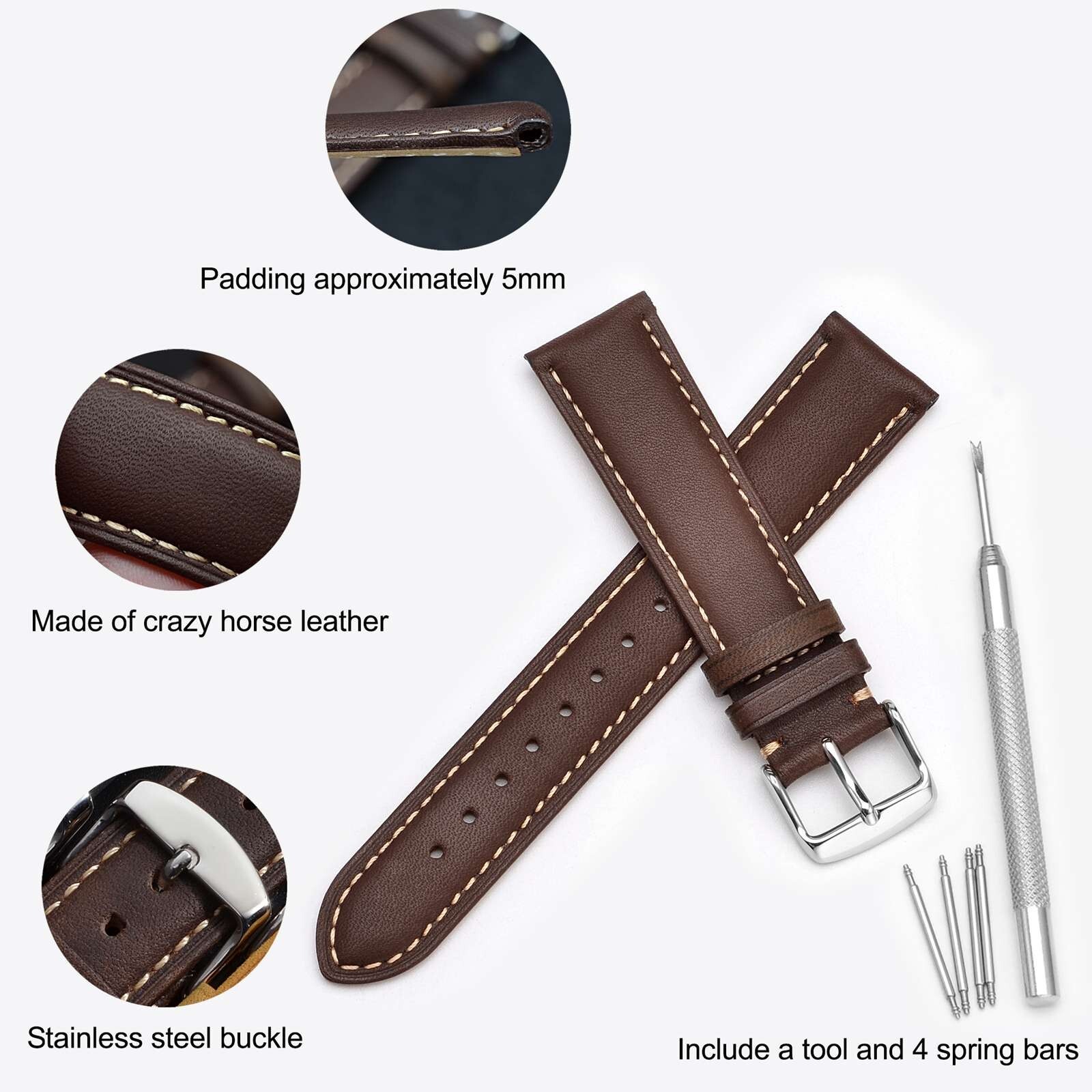 WOCCI Vintage Leather Watch Band 14 15 16 17 18 19 20 21 22 23 24mm Strap