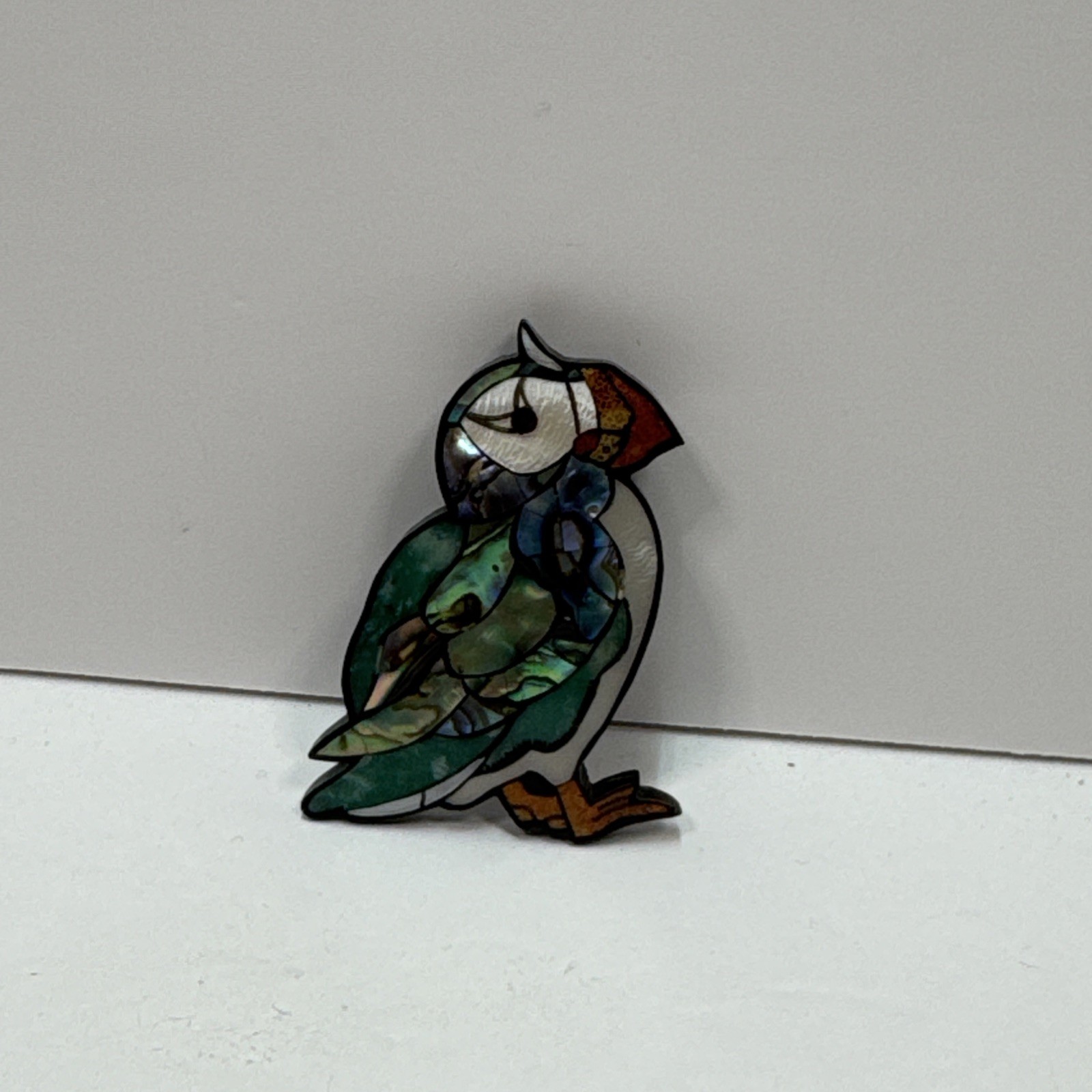 Vintage Abalone Inlay Pin Of A Puffin 2 1/2 Inches