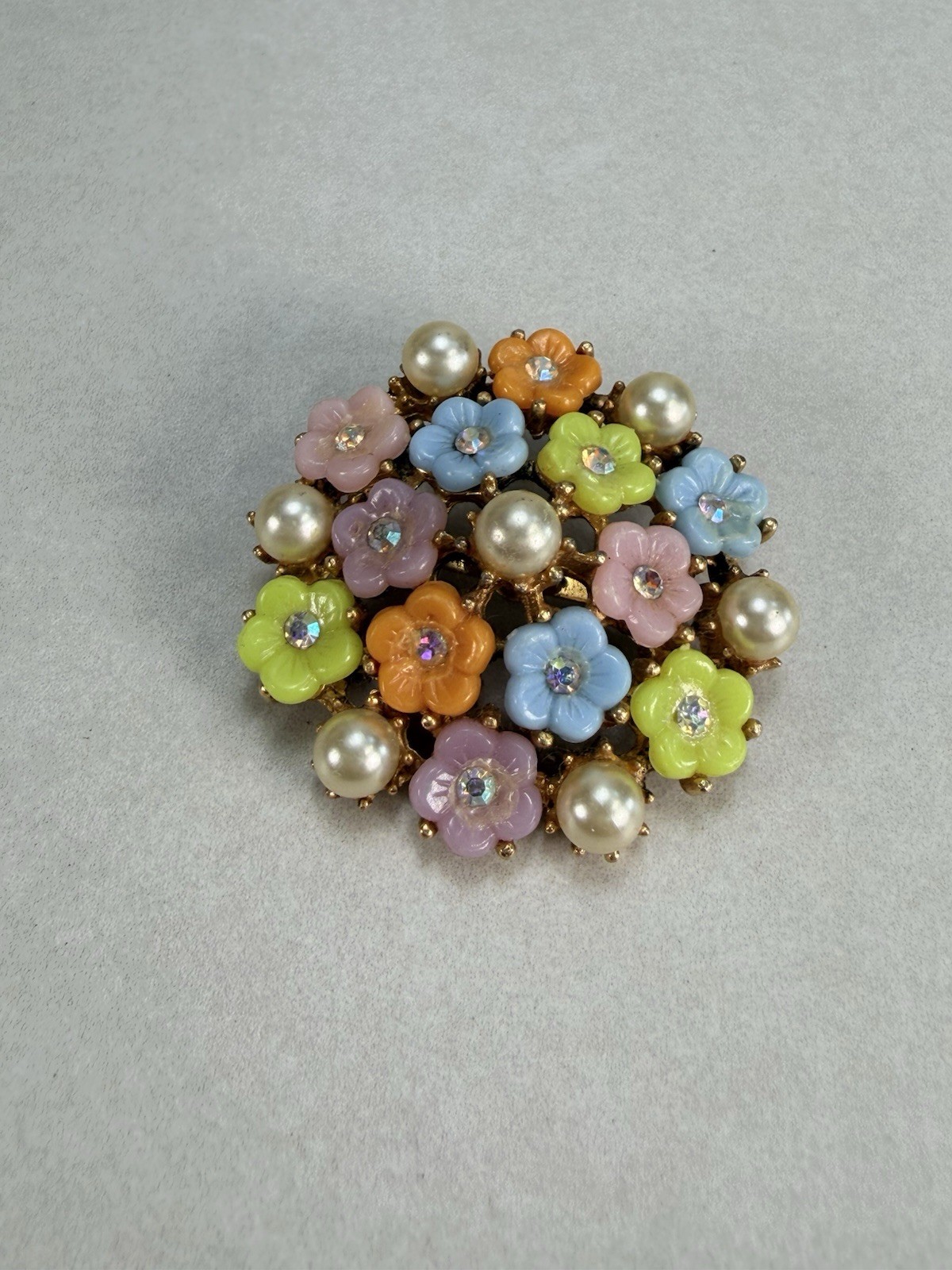 Vintage Pastel Lucite Flower Faux Pearl Rhinestone Statement Floral Brooch
