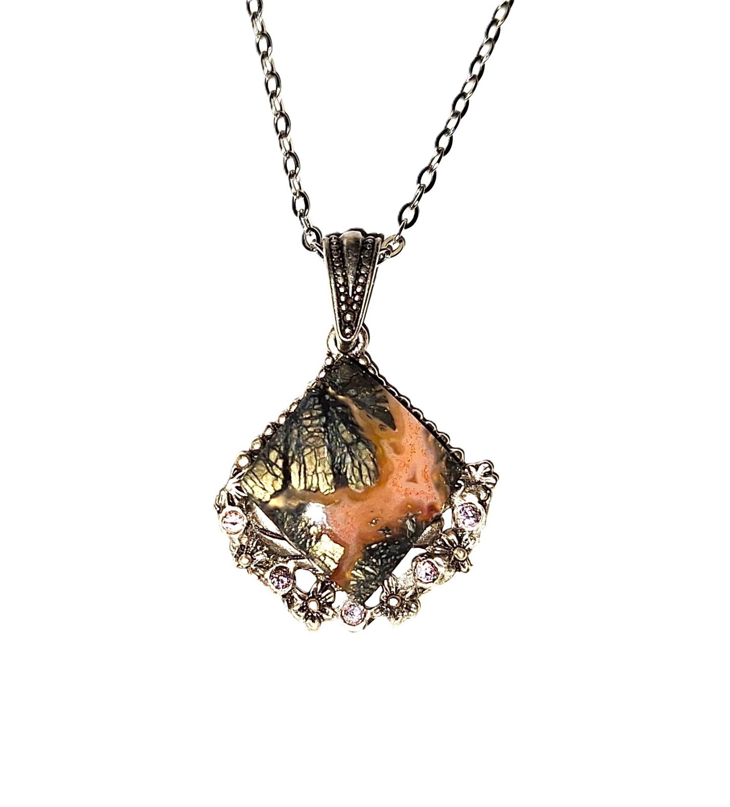 Marcasite Agate Stone Cabochon Necklace on Silver plated Setting and chain 33