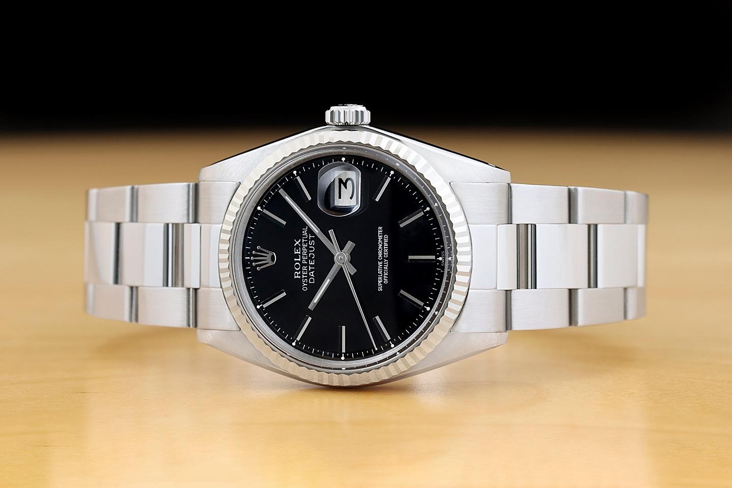 ROLEX DATEJUST 1601 BLACK DIAL 18K WHITE GOLD STAINLESS STEEL OYSTER WATCH