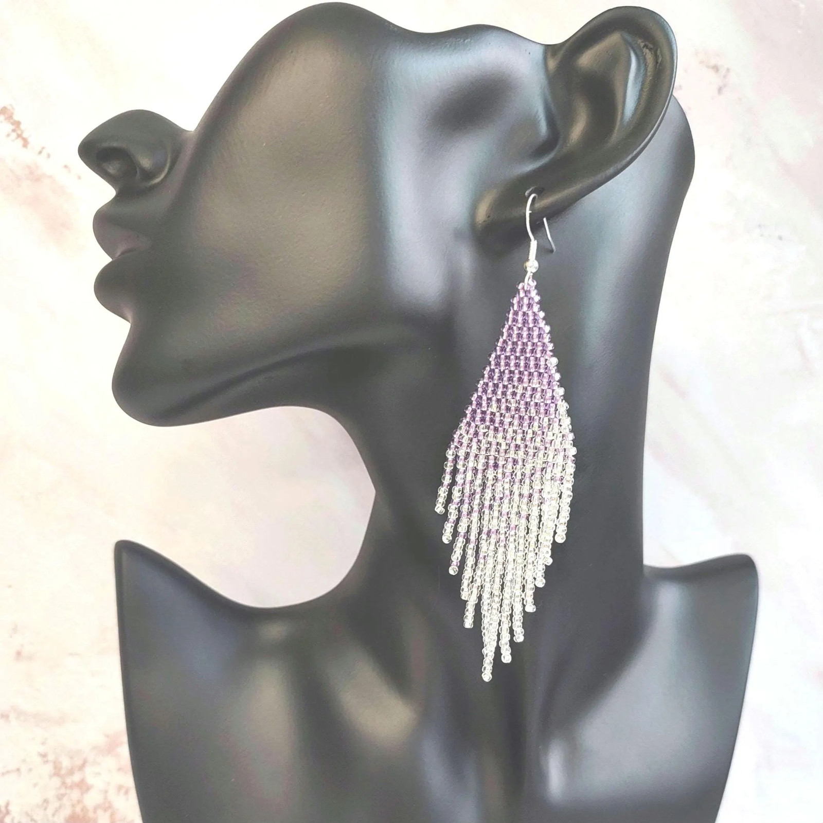 Ombre Beaded Fringe Earrings: Purple Silver Boho Dangle Jewelry