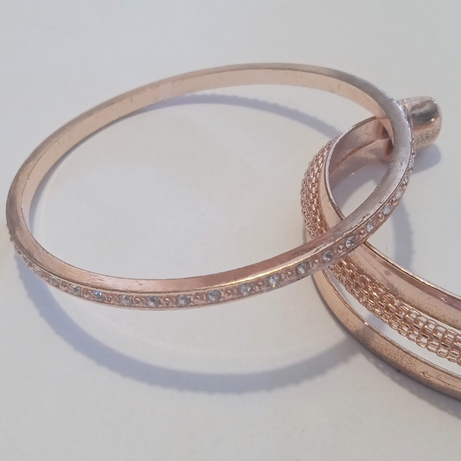 Pair Of Rose Gold Colored Bracelets One Bangle With Rhinestones One Cuff