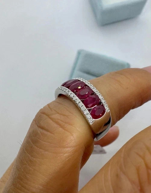 2.80 Ct Oval Cut Lab Created Red Ruby Wedding Band Ring 14K White Gold Plated