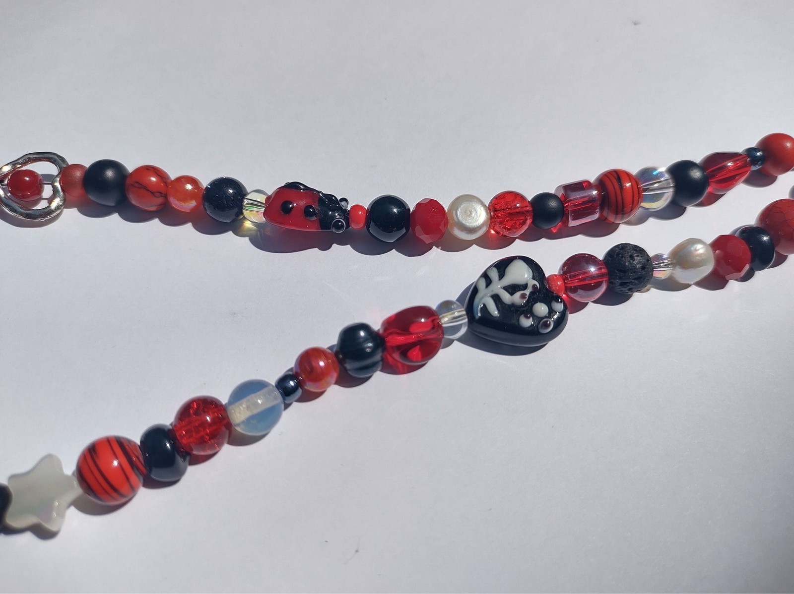 Red and Black Ladybug Ceramic and Glass Bead Handmade Necklace