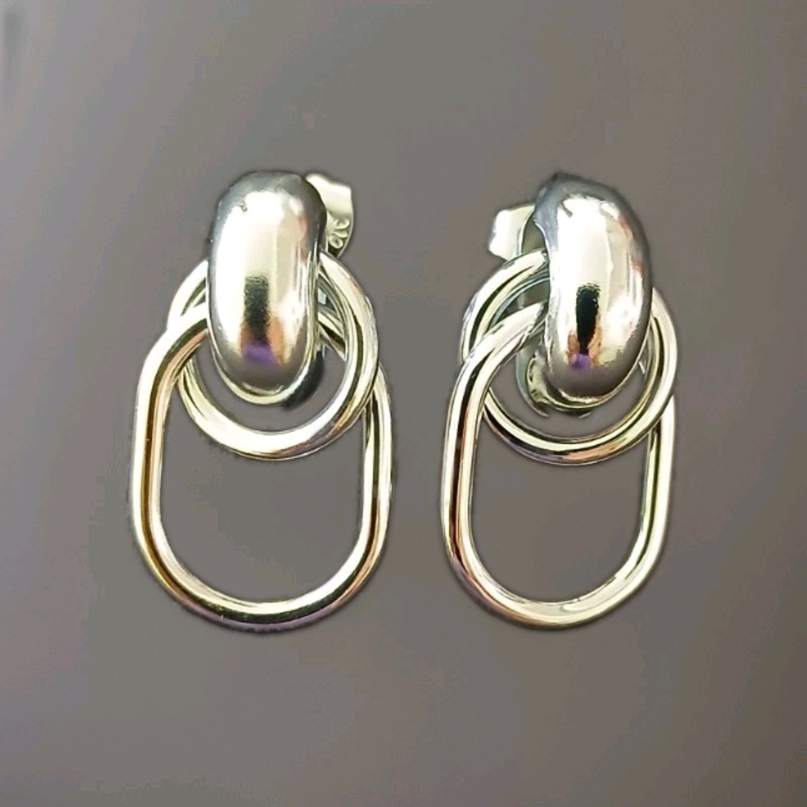 Silver Tone Double Oval Link Dangle Drop Earrings, Butterfly Closure Pair