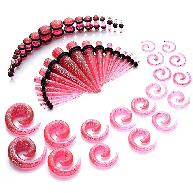 54pcs Ear Gauges Kit 14G-00G Glitter Spiral Taper Plug Stretching Set 13 Colors