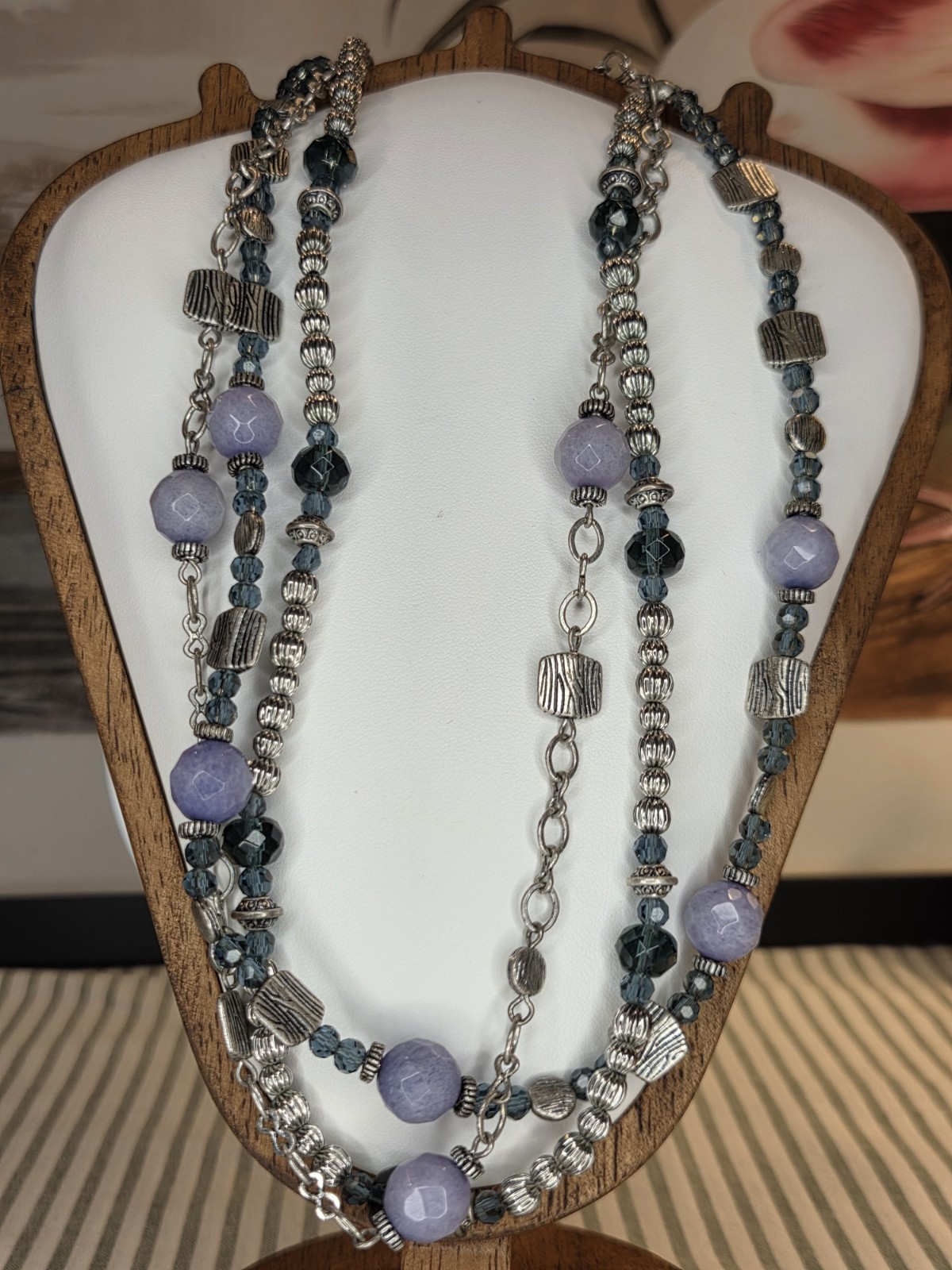 Silver Tone Layered Beaded Necklace, Blue Crystal & Purple Glass, Adjustable