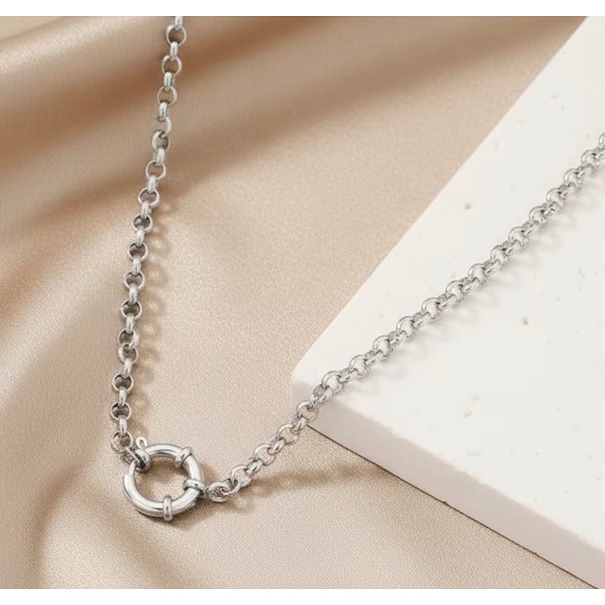 Silver Tone Rolo Chain Necklace with Front Spring Ring Clasp Minimalist Jewelry