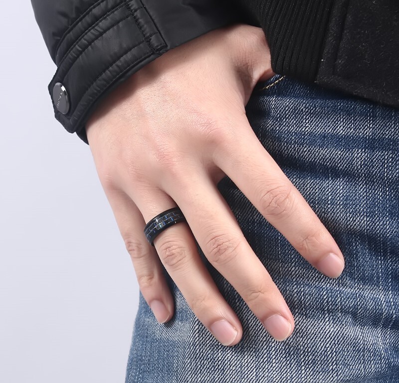 8MM New Mens Blue/Red/Yellow/Green Carbon Fiber Inlay Titanium Wedding Band Ring